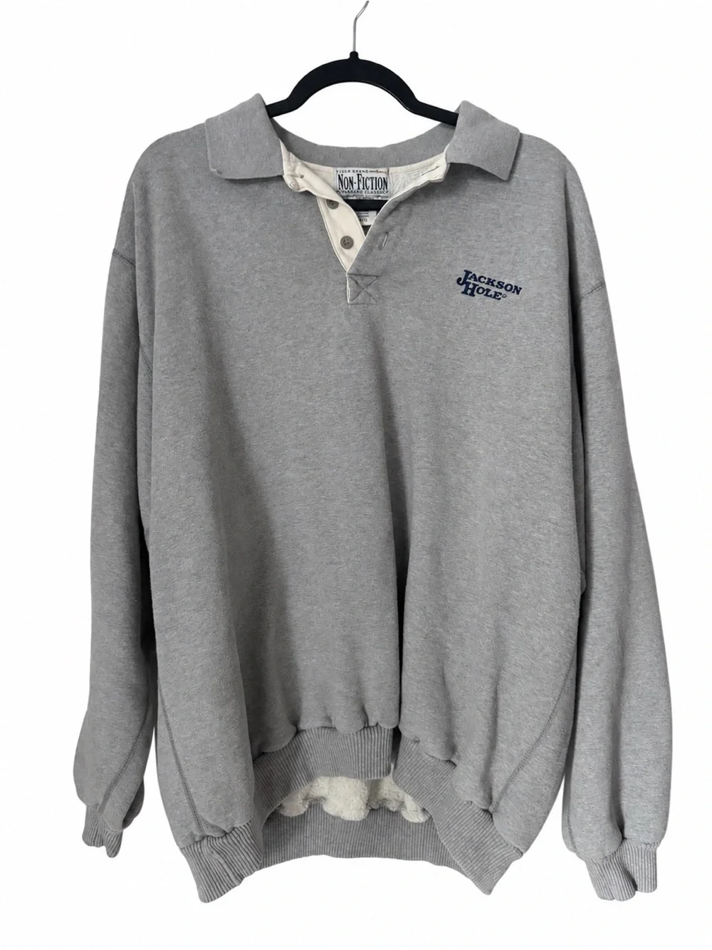 Vintage Non-Fiction Jackson Hole Cotton Gray Polo Rugby Sweatshirt Made Canada L